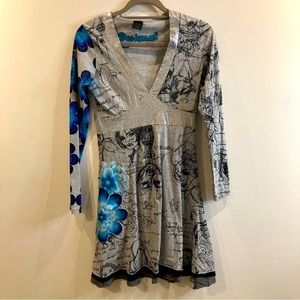 DESIGUAL Sz S Empyre Waist  V Neck Midi Length A Line Silver Trim Flowers Dress